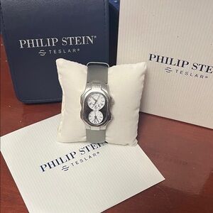 Philip Stein Silver Case Watch with Gray Strap and White Dial